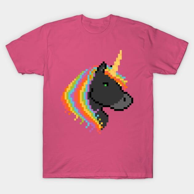 Pixel Black Unicorn with Rainbow Mane T-Shirt by gkillerb